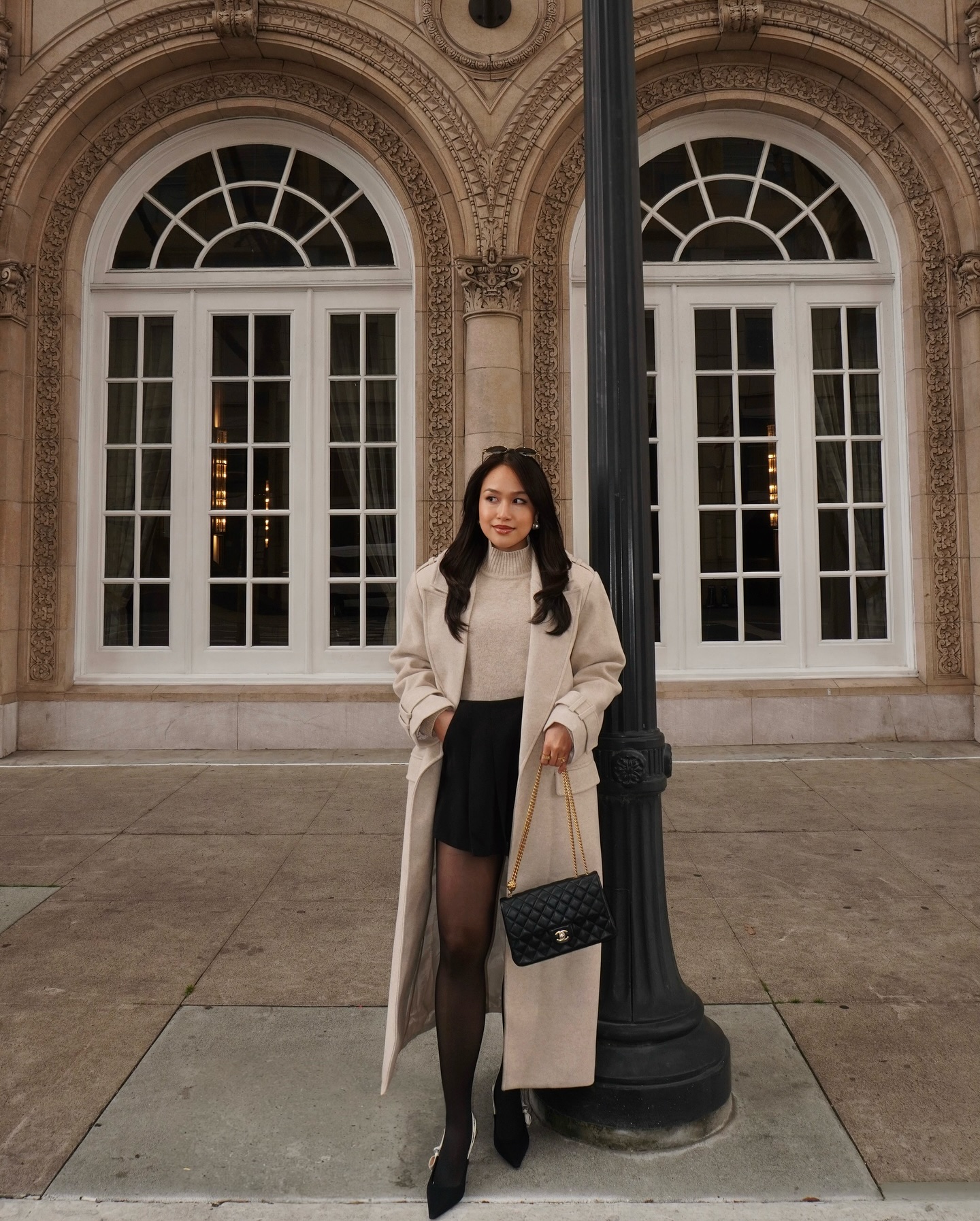 Chic Beige Coat And Black Skirt Outfit