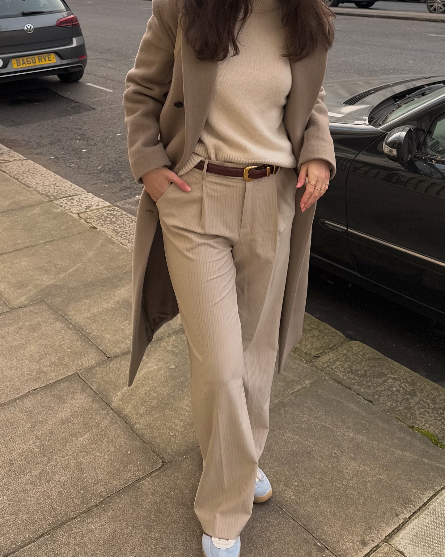 Chic Beige Knit and Pinstripe Trouser Winter Work Outfit
