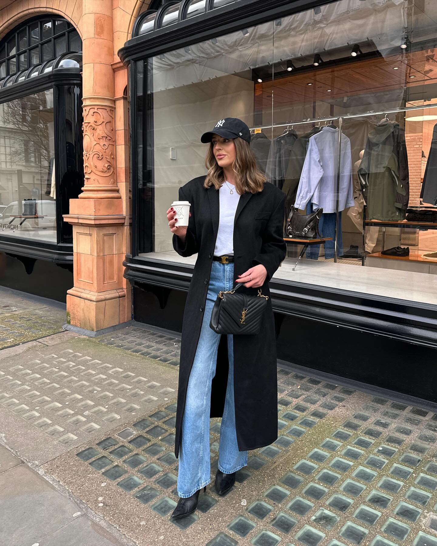 Chic Black Coat and Wide-Leg Jeans Work Ensemble