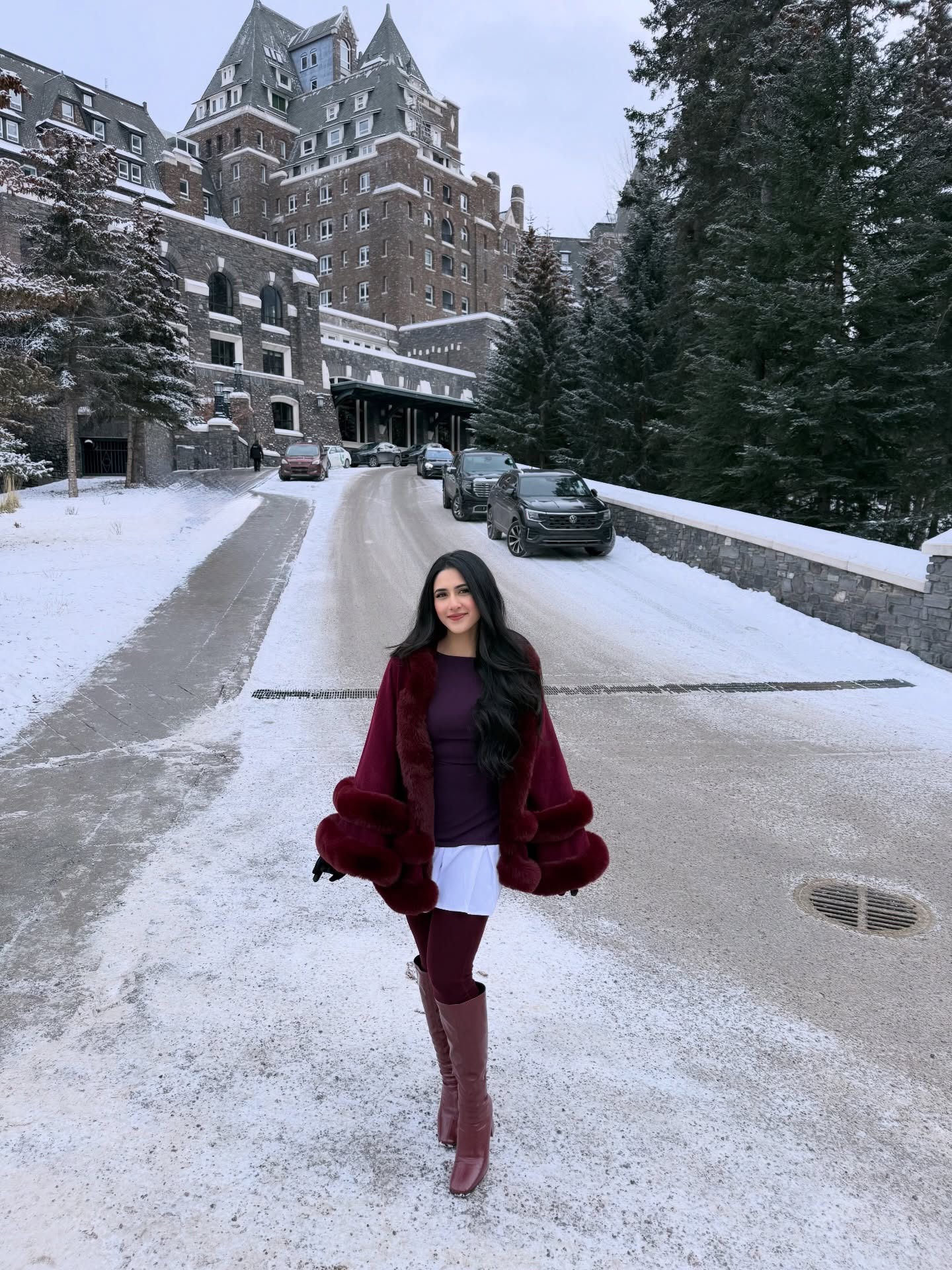 Chic Burgundy Faux Fur Jacket With Knee High Boots