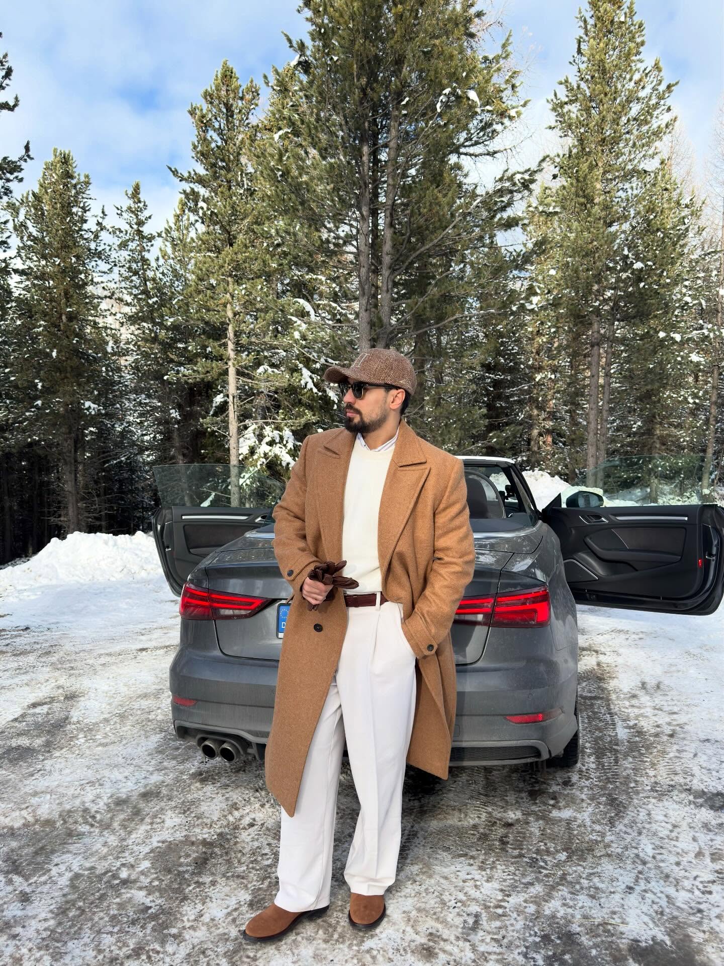 Chic Camel Coat With Cream Trousers