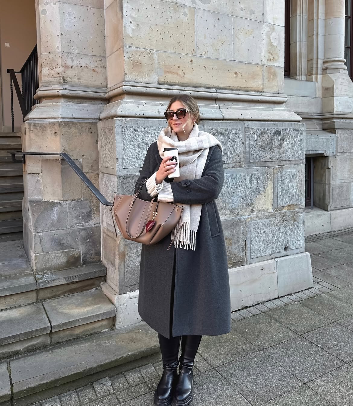 Chic Charcoal Coat With Cream Scarf and Chunky Boots