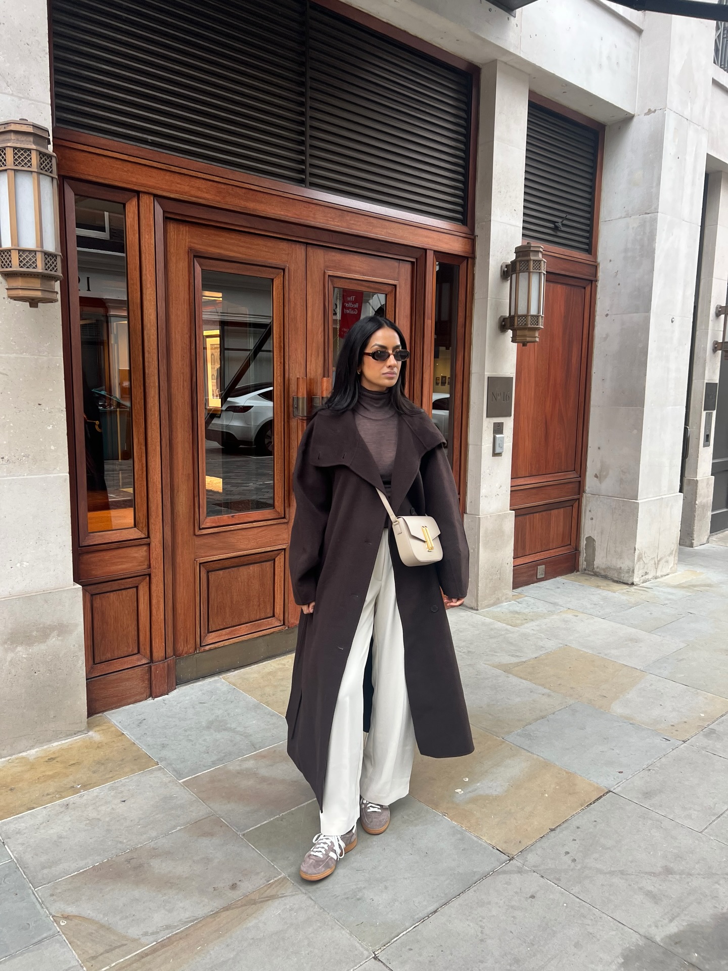 Chic Chocolate Long Coat With Cream Trousers Work Look