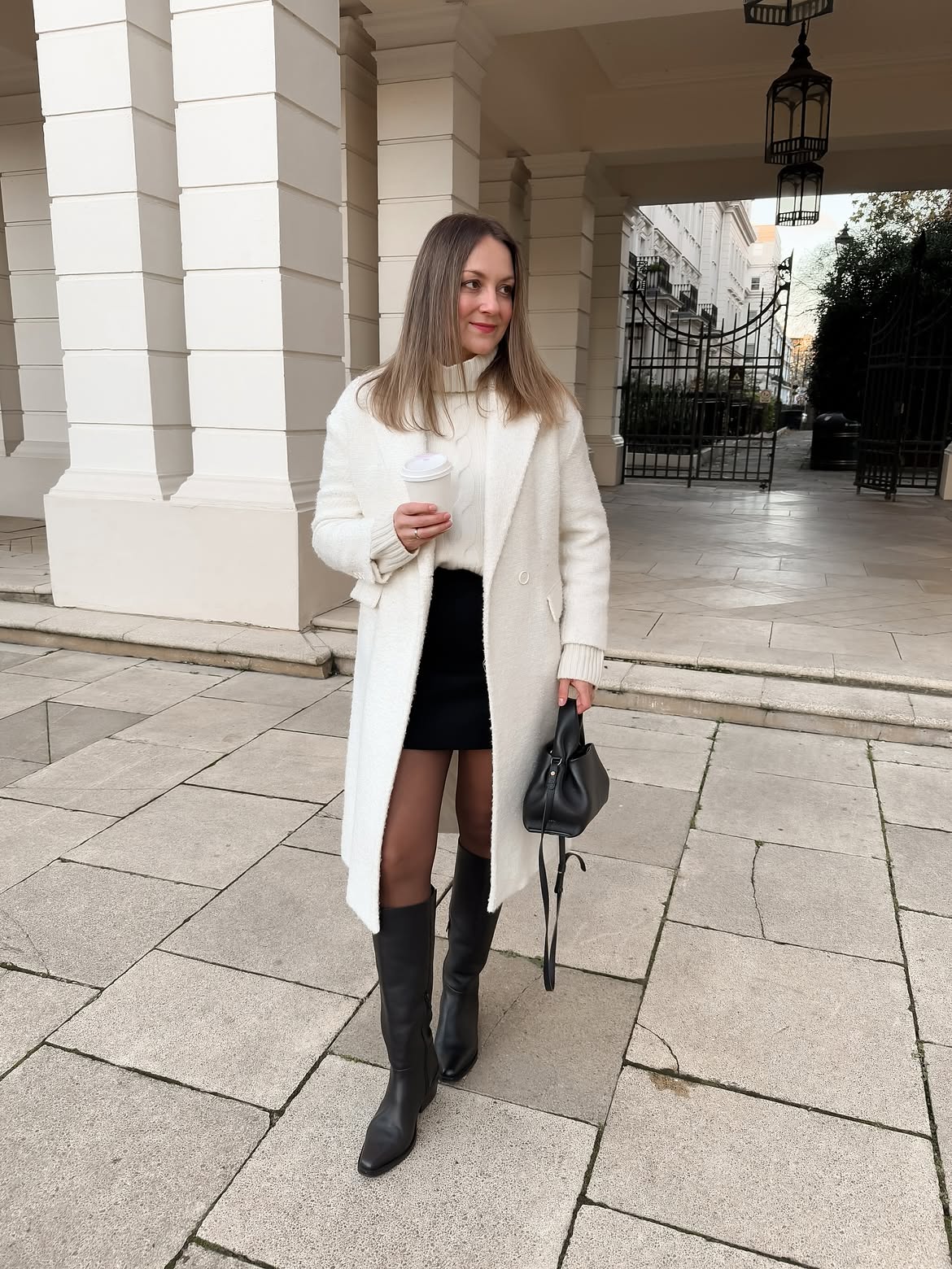 Chic Cream Coat With Black Mini Skirt Outfit