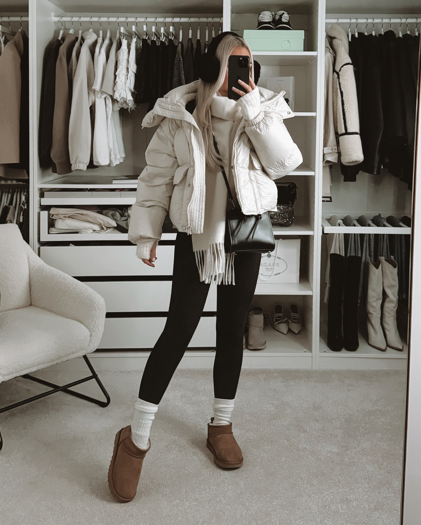 Chic Cream Puffer Jacket With Black Leggings