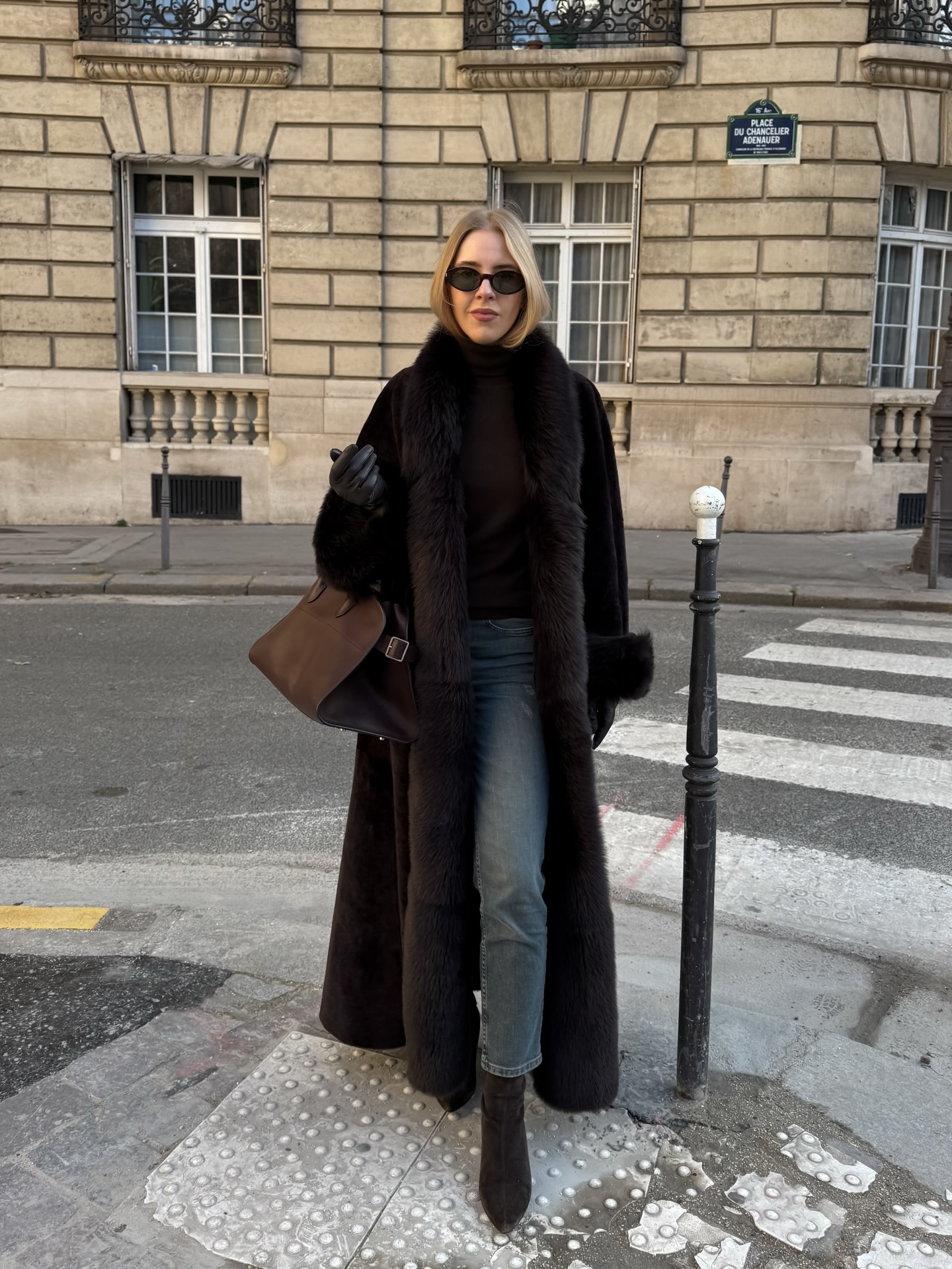 Chic Dark Fur Trim Maxi Coat With Denim
