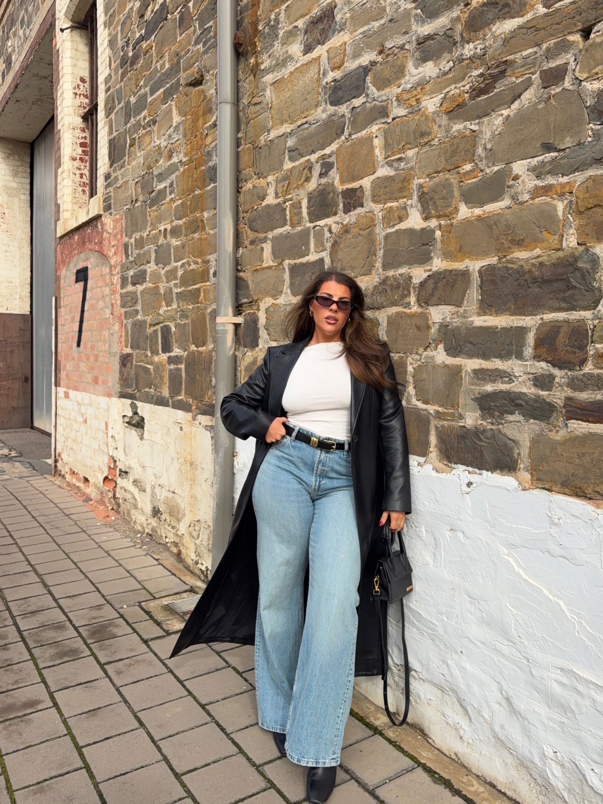 Chic Faux Leather Trench Over Wide Leg Jeans
