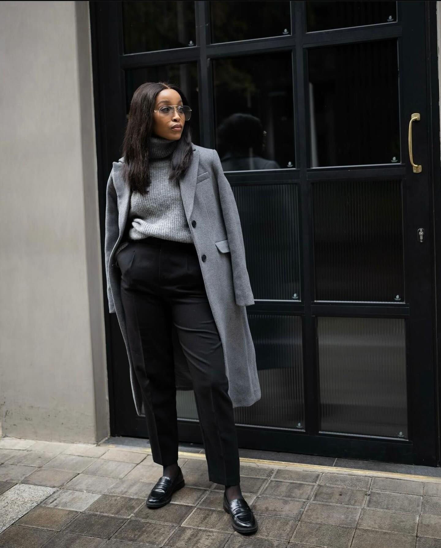 Chic Grey Coat Over Turtleneck and Black Trousers