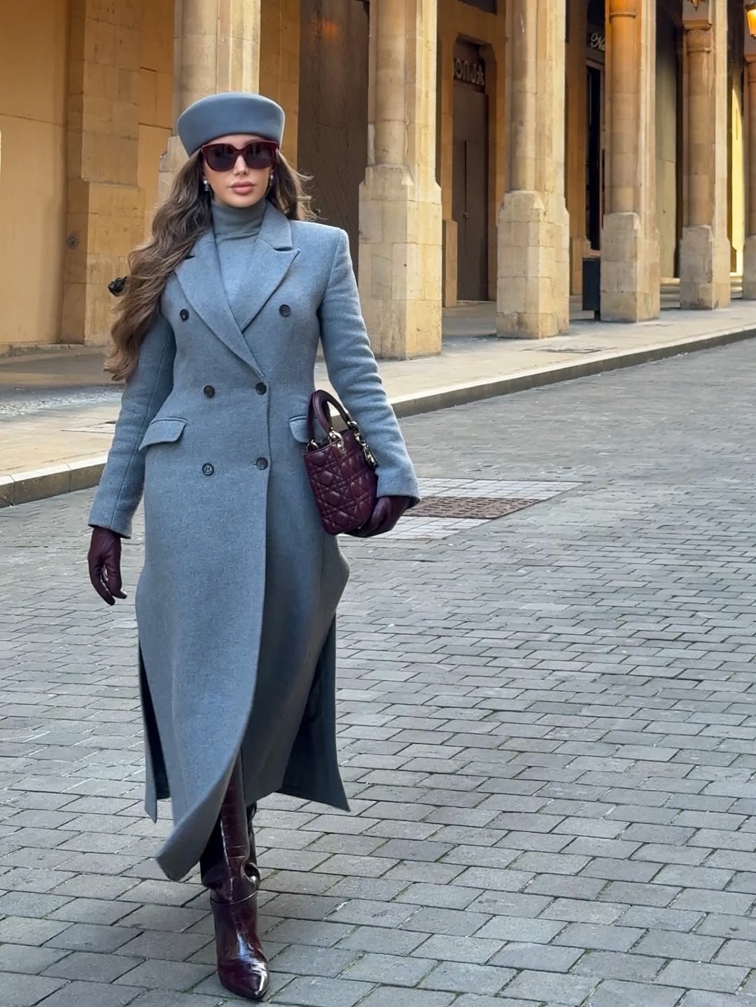 Chic Grey Double-Breasted Coat And Burgundy Boots