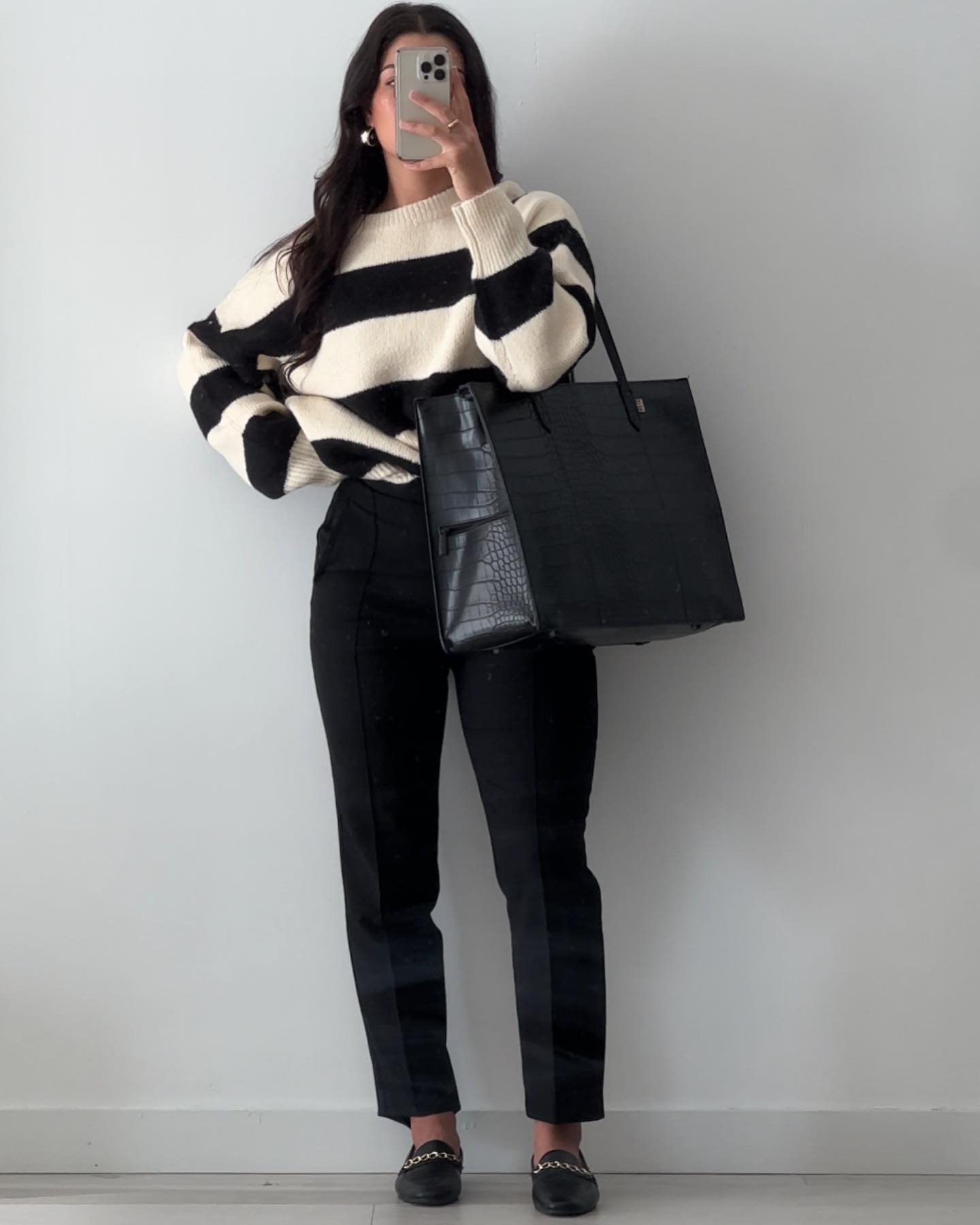 Chic Monochrome Stripe Sweater With Tailored Trousers
