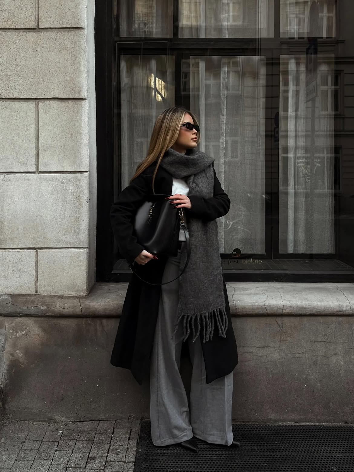 Chic Monochrome Winter Outfit With Wide Leg Trousers