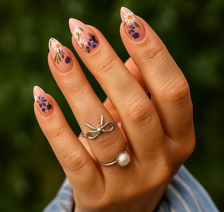 Floral French Tip Medium Stiletto Almond Nails Floral French Tip Medium Stiletto Almond Nails — Chic Nails