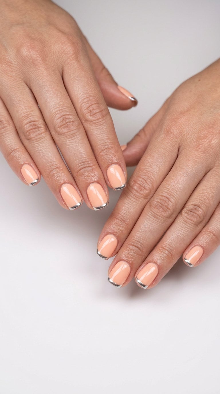 Peach With Metallic Silver French Short Square Nails Peach With Metallic Silver French Short Square Nails — Chic Nails
