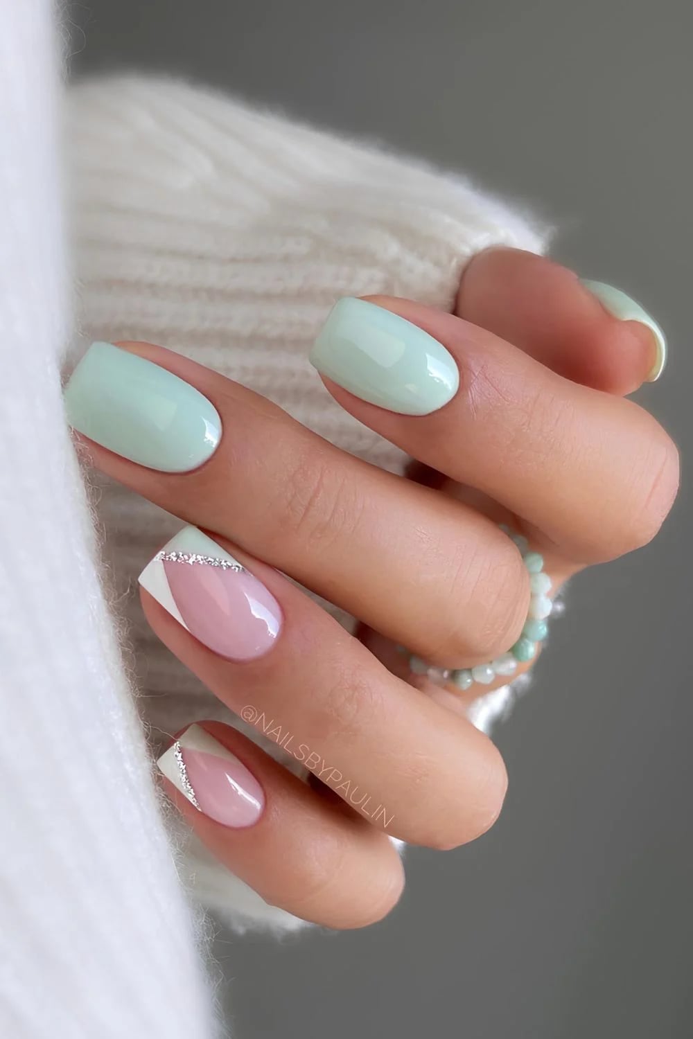 Pastel Mint With Silver Accented French Short Square Nails Pastel Mint With Silver Accented French Short Square Nails — Chic Nails