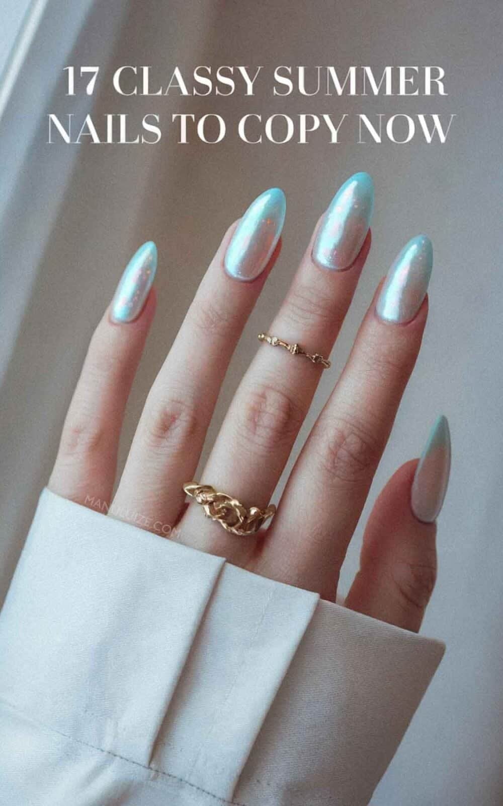 Pearlescent Blue Ombre Almond Nails Pearlescent Blue Ombre Almond Nails — Chic Nails