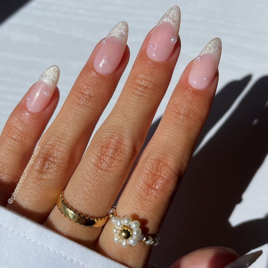 Pearl Accented Pearlescent French Almond Nails Pearl Accented Pearlescent French Almond Nails — Chic Nails