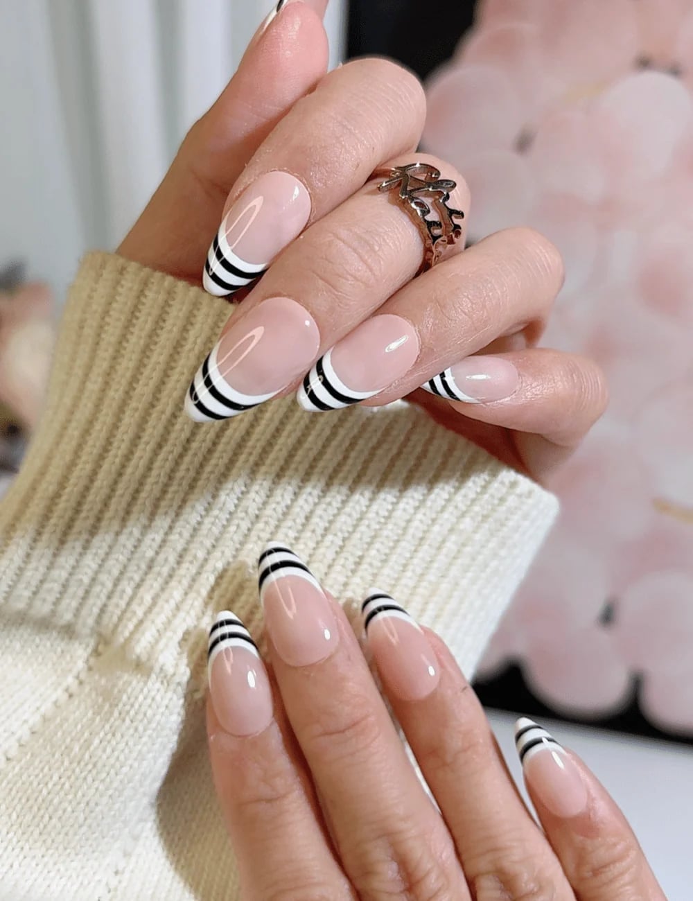 Striped Double French Medium Almond Nails Striped Double French Medium Almond Nails — Chic Nails