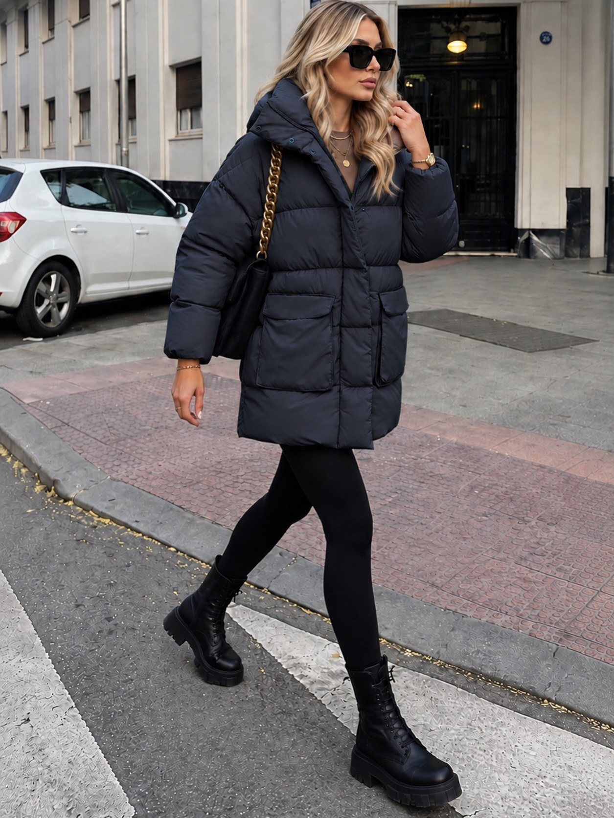 Chic Navy Puffer With Black Leggings And Chunky Boots