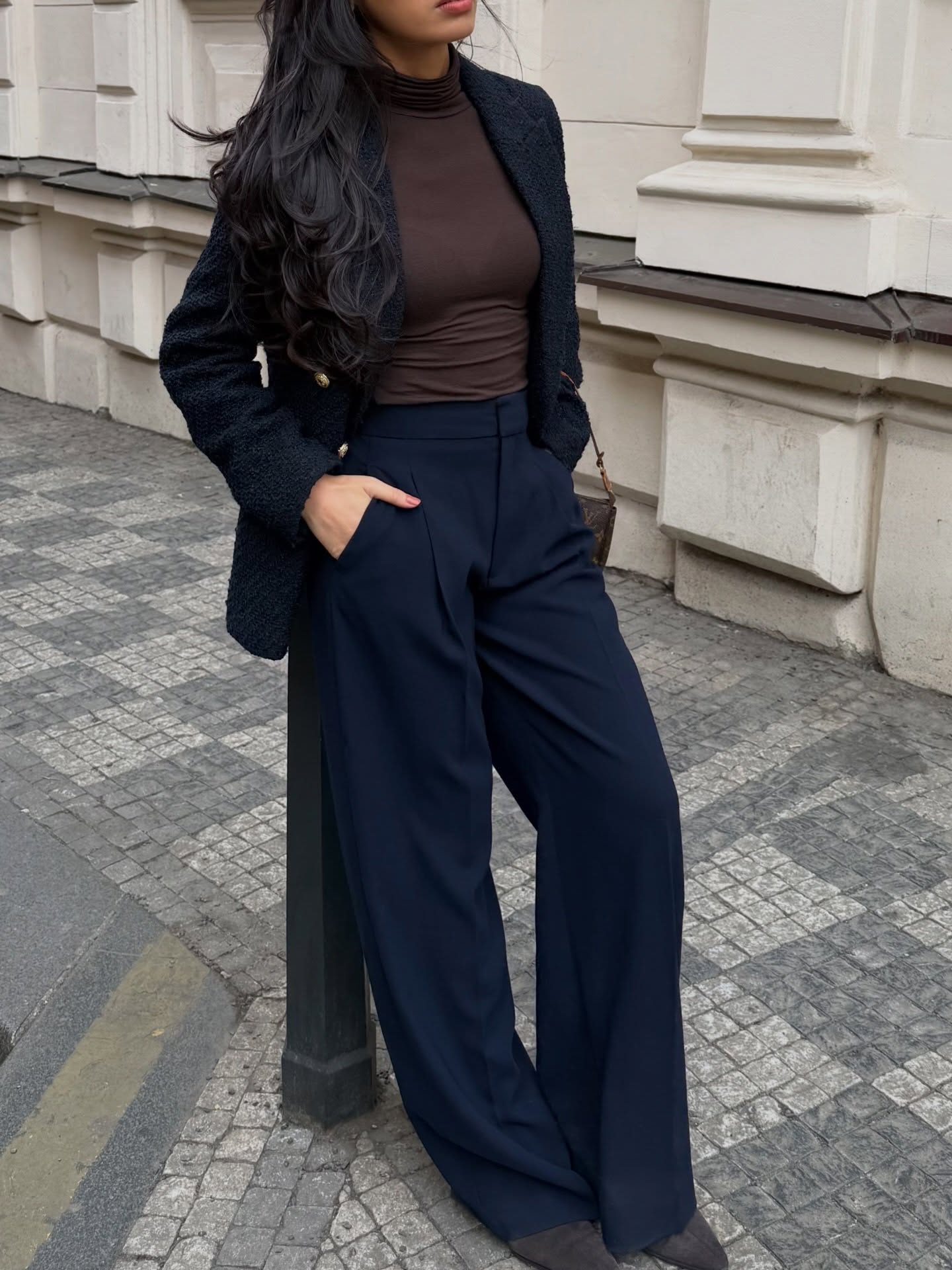 Chic Navy Wide-Leg Trousers With Tweed Blazer