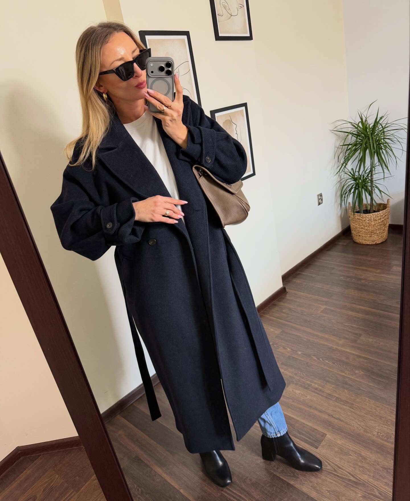 Chic Navy Wrap Coat and Blue Jeans Combo