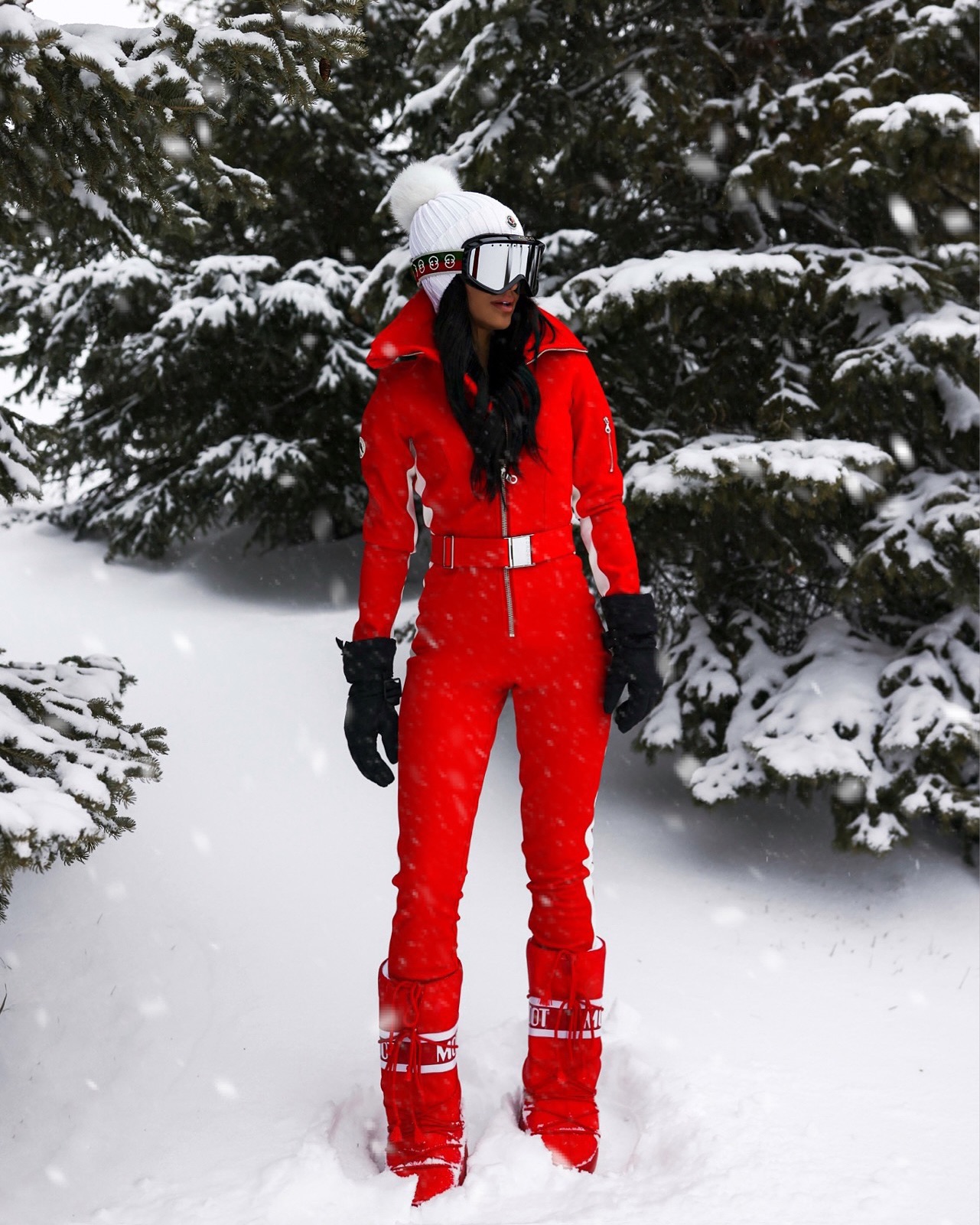 Chic Red Ski Suit With Luxe Snow Boots