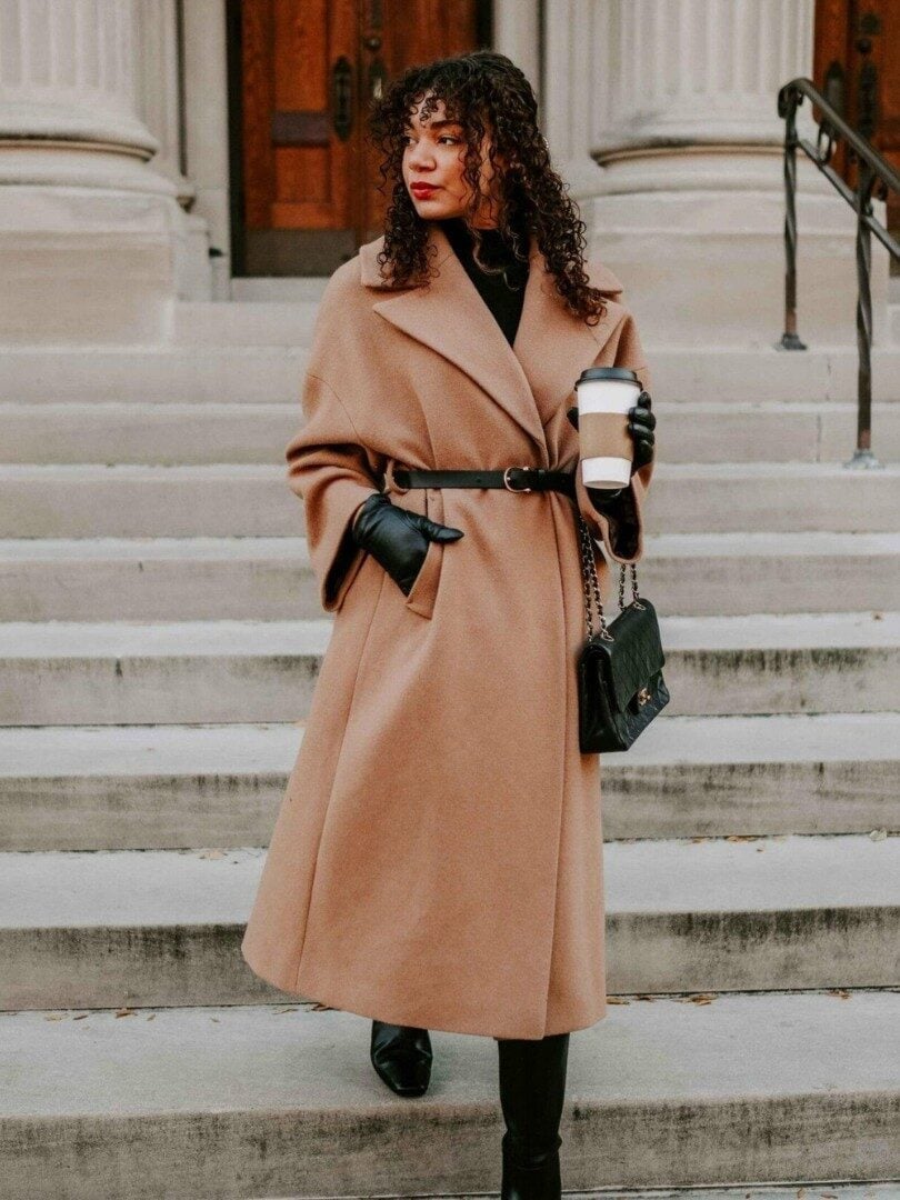 Camel wrap coat over black turtleneck and trousers Camel wrap coat over black turtleneck and trousers — Chic Style