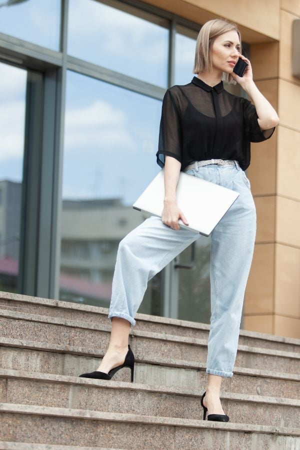 Sheer black blouse with balloon-leg jeans Sheer black blouse with balloon-leg jeans — Chic Style