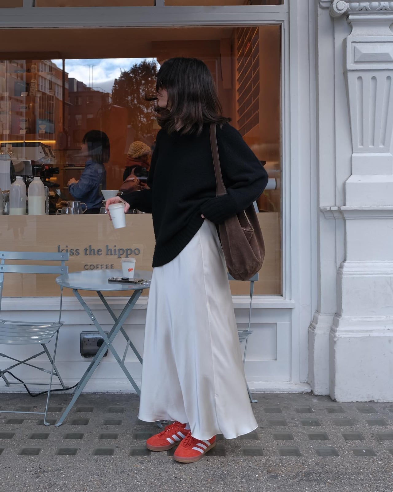 Black sweater with satin maxi skirt and red sneakers Black sweater with satin maxi skirt and red sneakers — Chic Style