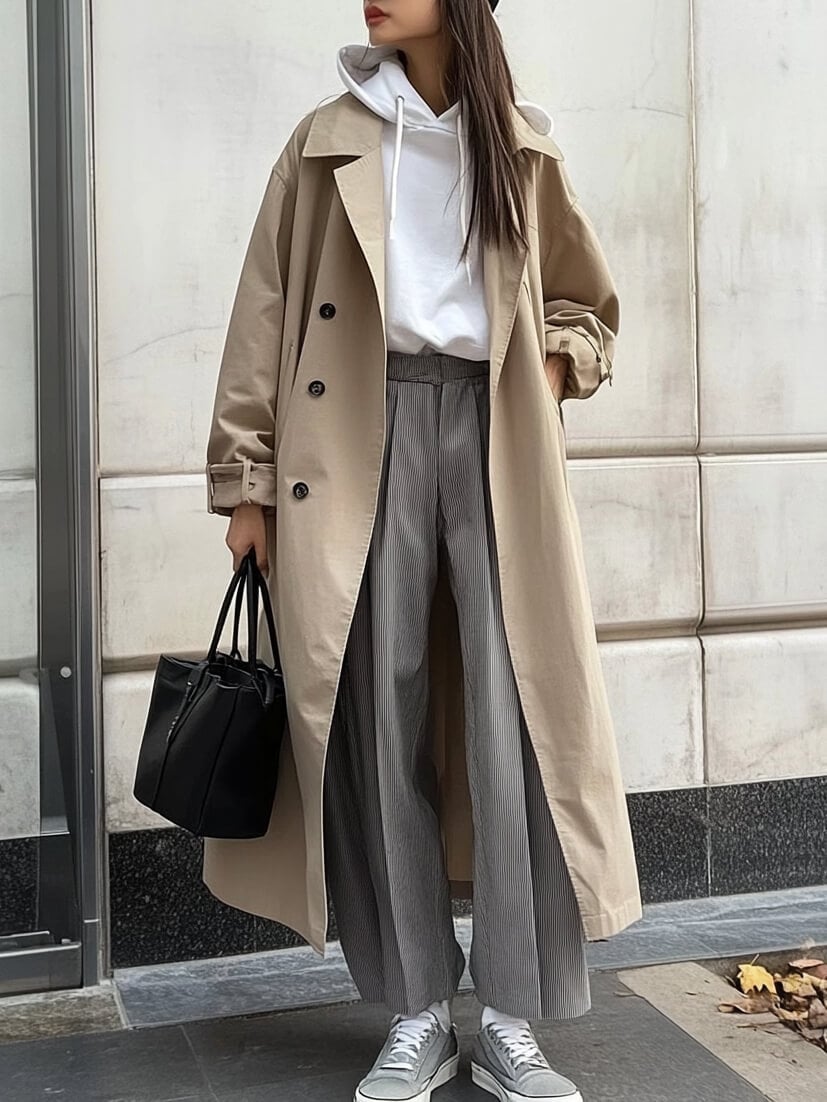 Beige trench coat with hoodie and pleated trousers Beige trench coat with hoodie and pleated trousers — Chic Style