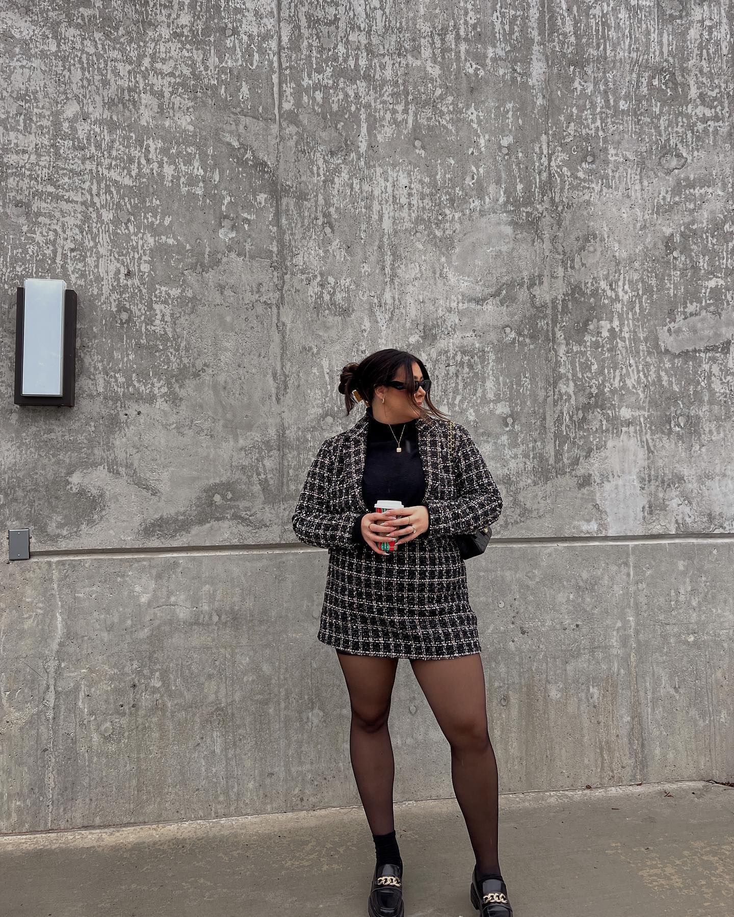 Chic Tweed Set With Black Turtleneck And Chain Loafers