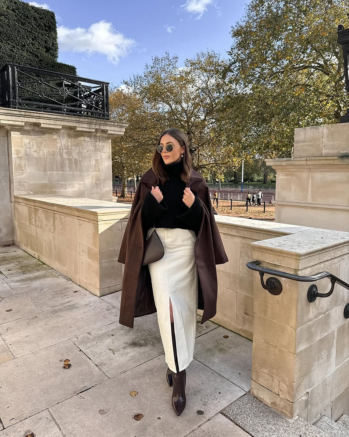 Chocolate Brown Coat And Cream Maxi Skirt Winter Look