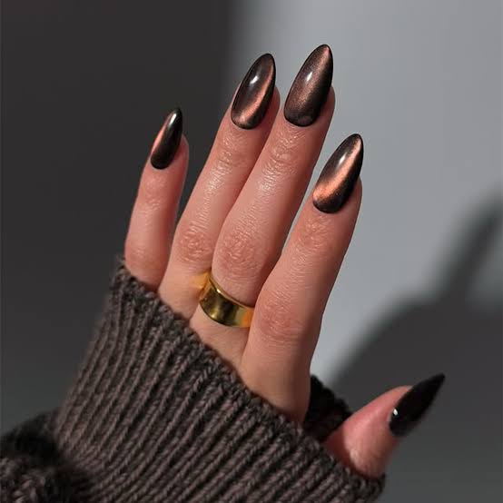 Glossy Chocolate Brown Cat-Eye Almond Nails Glossy Chocolate Brown Cat-Eye Almond Nails — Chocolate Nails