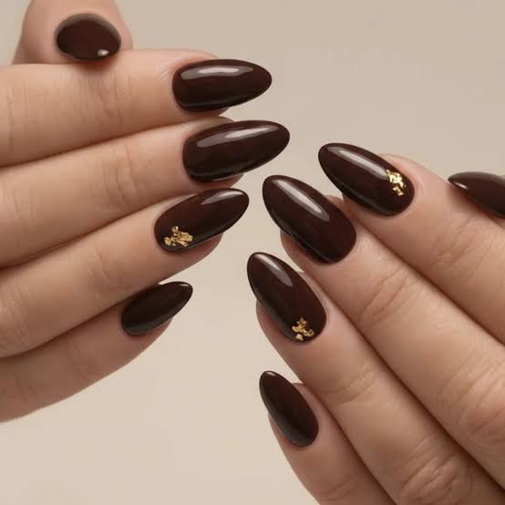 Deep Chocolate Brown with Gold Foil Almond Nails Deep Chocolate Brown with Gold Foil Almond Nails — Chocolate Nails