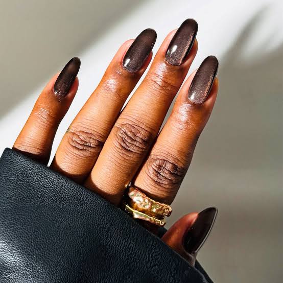 Deep Brown Almond Nails with Subtle Shimmer Deep Brown Almond Nails with Subtle Shimmer — Chocolate Nails