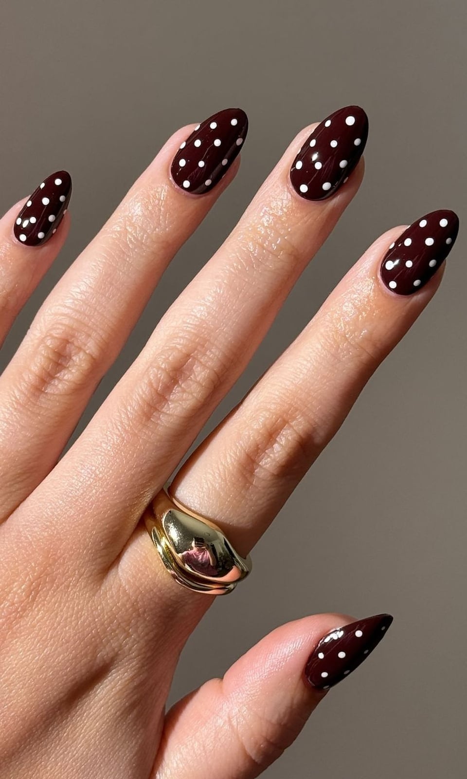 Deep Brown Almond Nails with White Polka Dots Deep Brown Almond Nails with White Polka Dots — Chocolate Nails