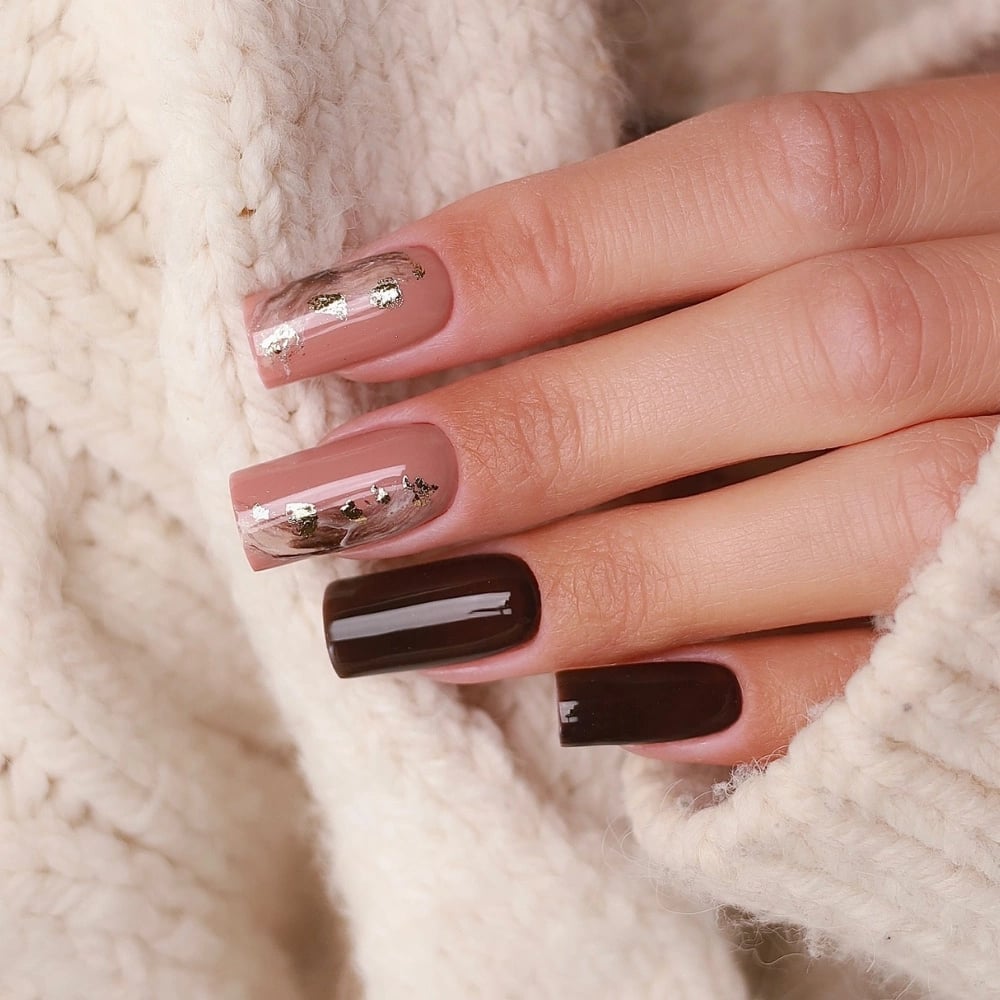 Short Matte Square Nails with Gold Foil Short Matte Square Nails with Gold Foil — Chocolate Nails