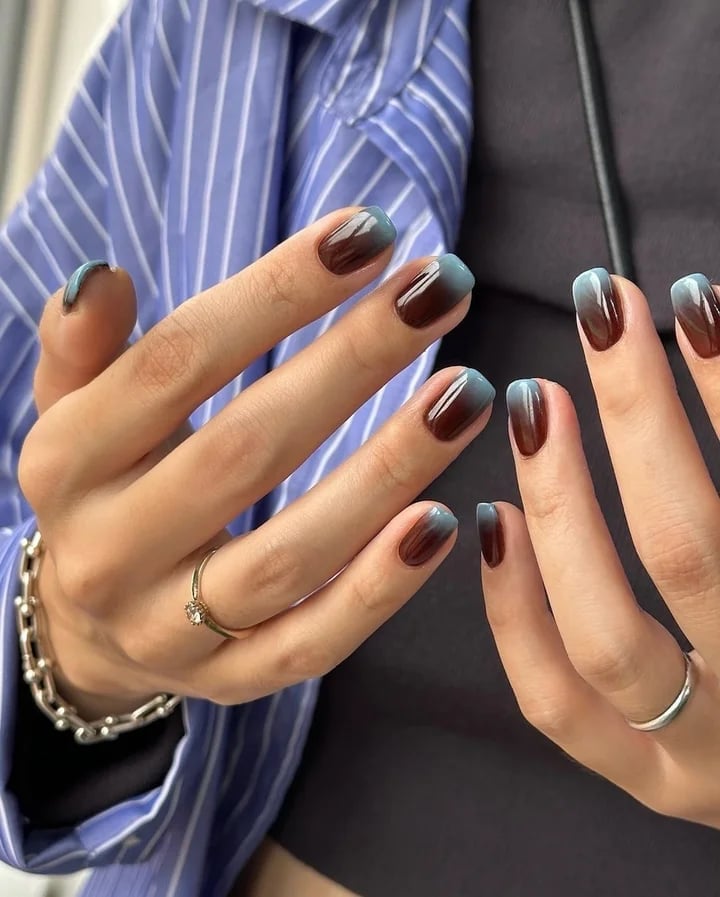 Short Square Glossy Brown and Blue Ombre Nails Short Square Glossy Brown and Blue Ombre Nails — Chocolate Nails