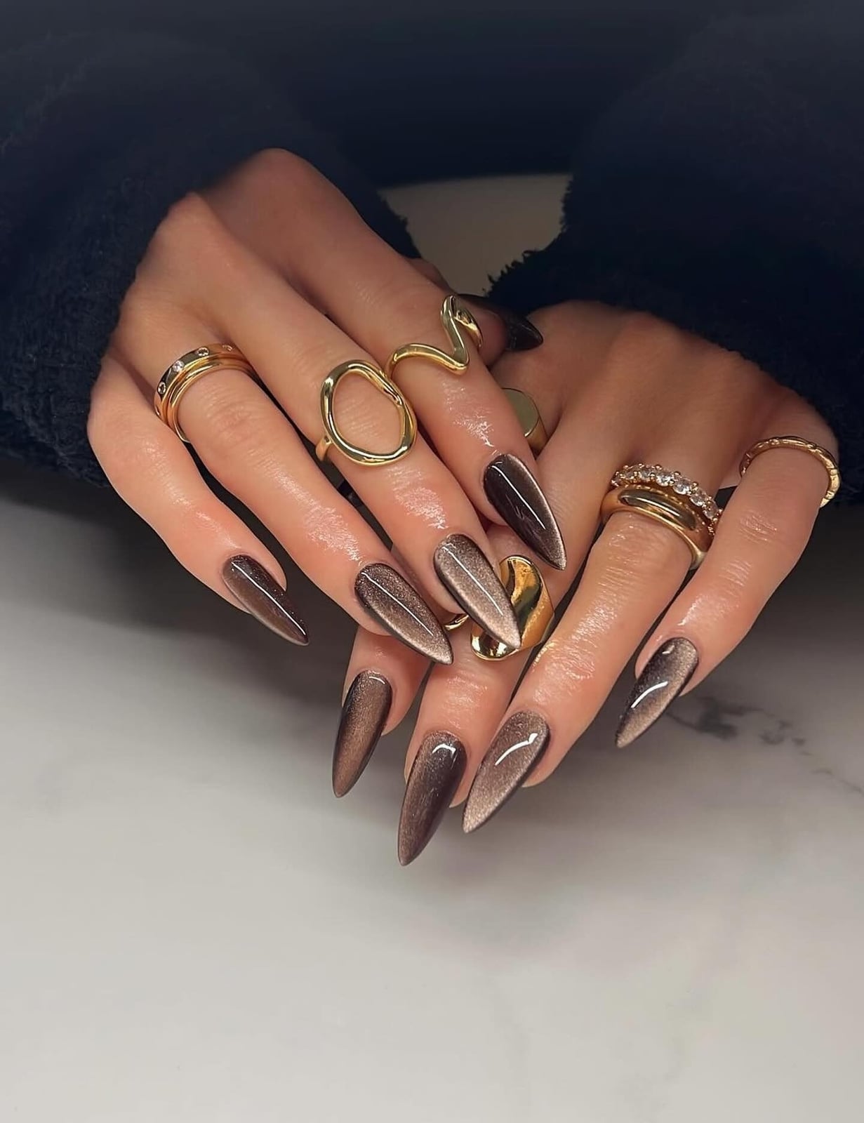 Captivating Deep Brown Cat-Eye Stiletto Nails Captivating Deep Brown Cat-Eye Stiletto Nails — Chocolate Nails