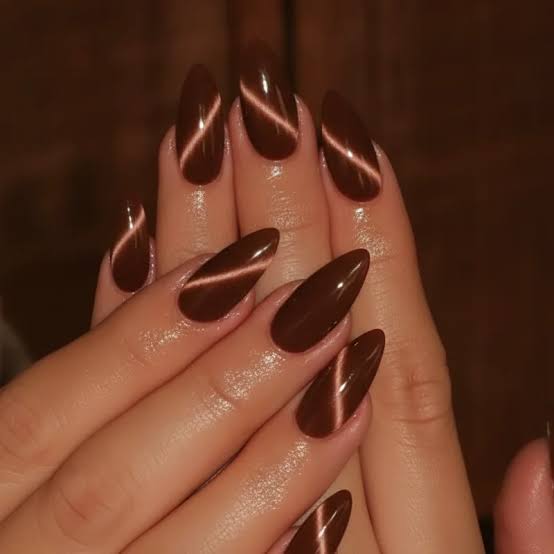 Lighter Brown Cat-Eye Effect Almond Nails Lighter Brown Cat-Eye Effect Almond Nails — Chocolate Nails