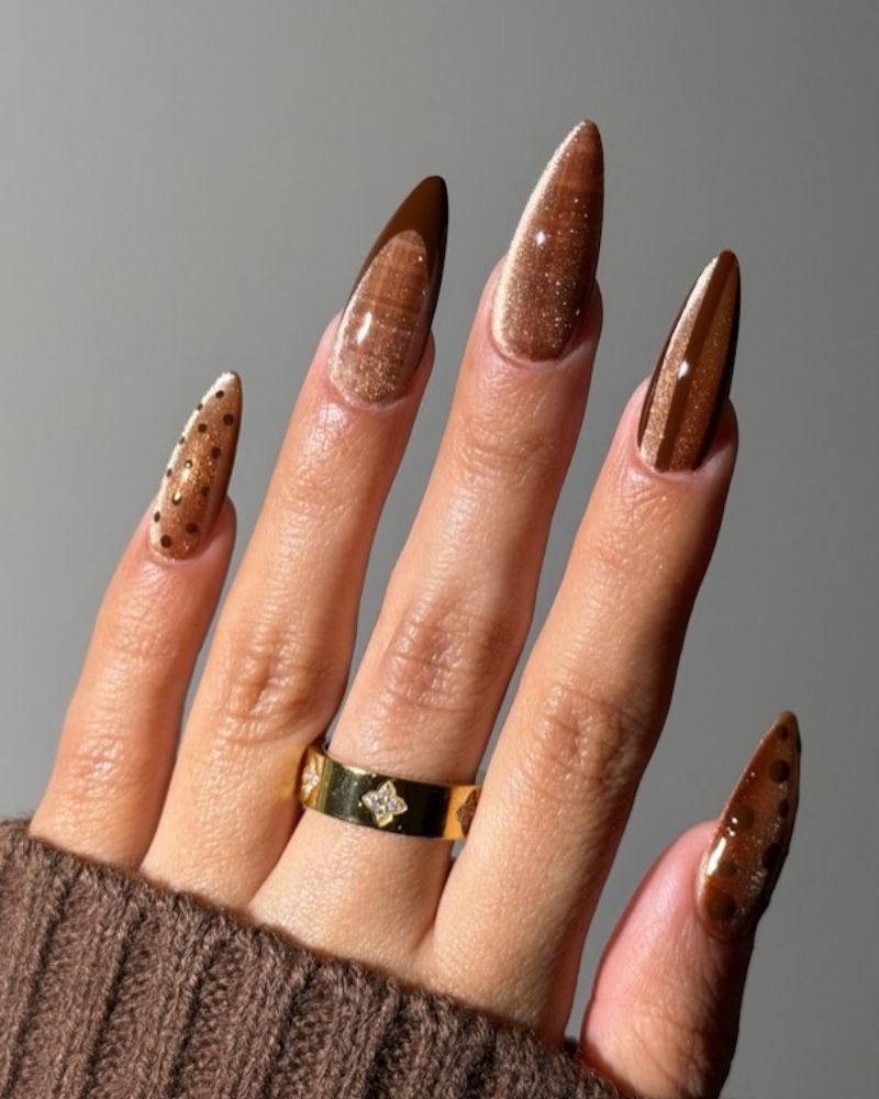 Chocolate Brown Stiletto Nails with Glitter and Dots Chocolate Brown Stiletto Nails with Glitter and Dots — Chocolate Nails