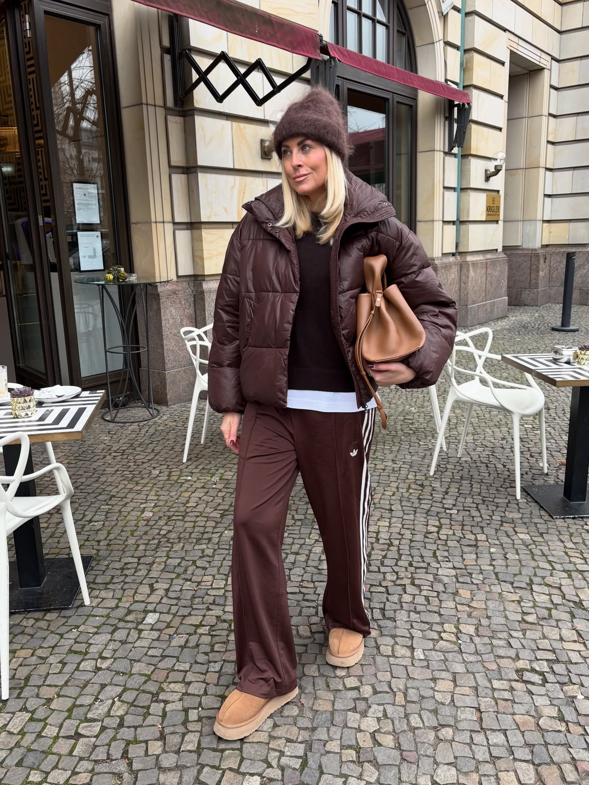 Chocolate Puffer And Track Pants Cozy Street Style