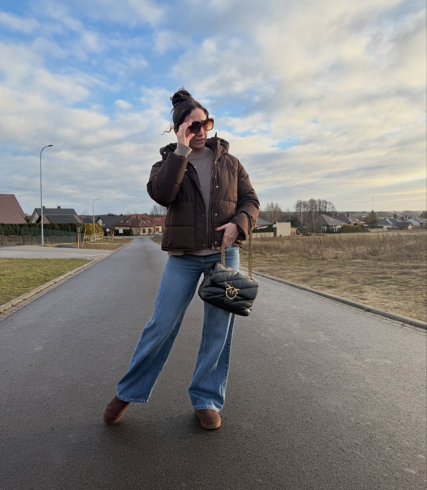 Chocolate Puffer Jacket With Wide Leg Jeans