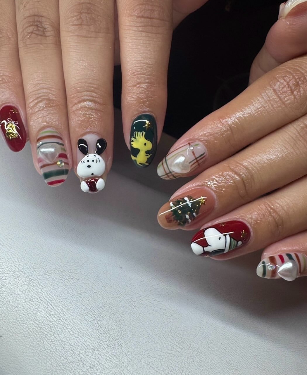 Christmas Character Snoopy and Woodstock Nail Art
