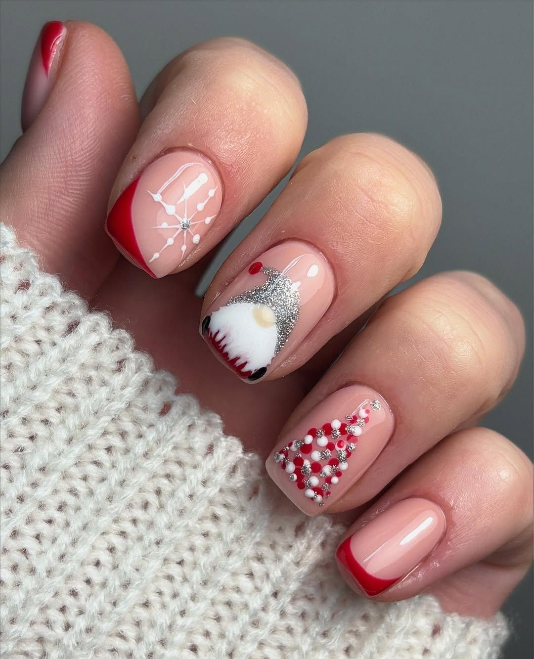 Christmas Gnome and Tree French Tip Nails