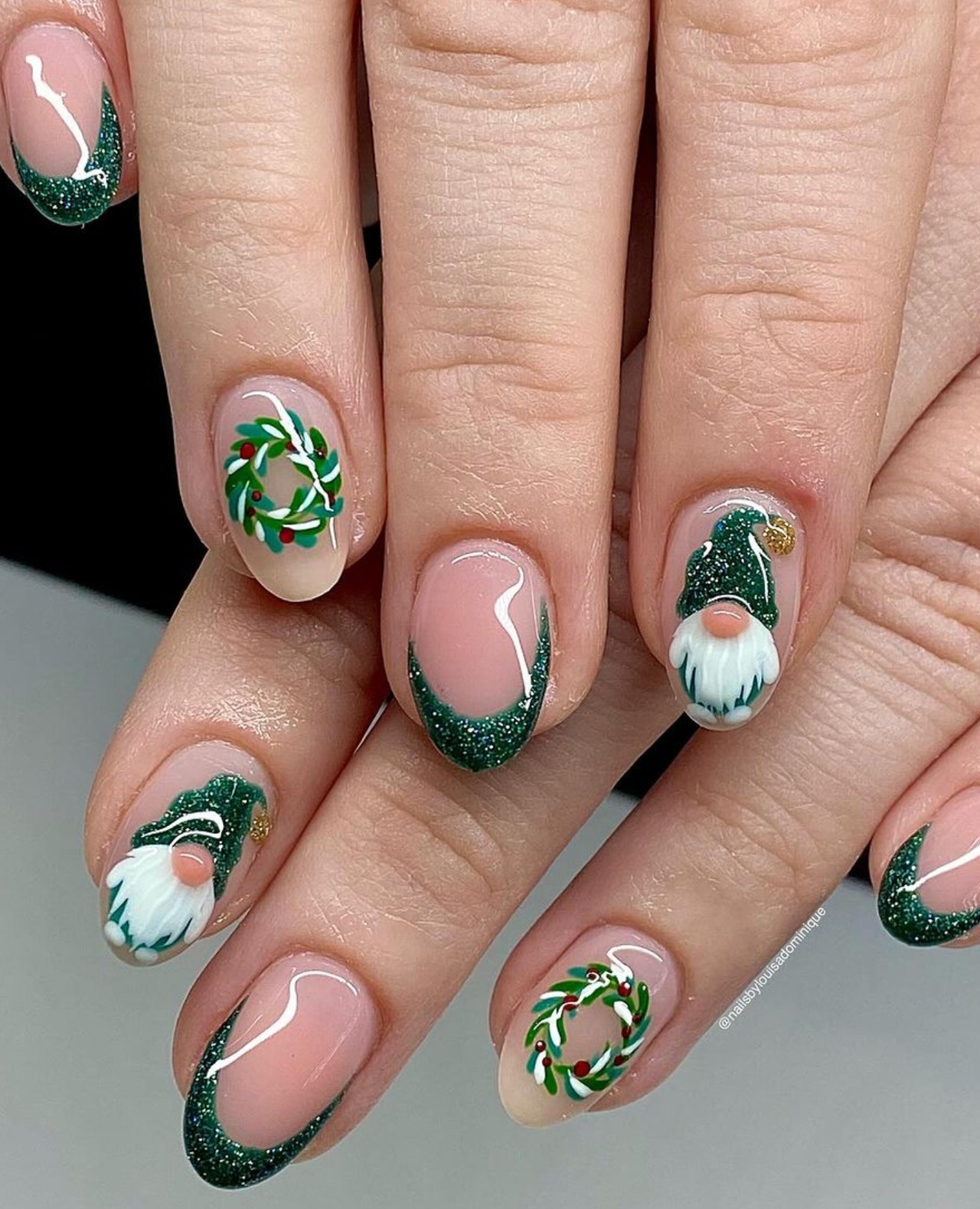 Christmas Gnome and Wreath French Tip Nails