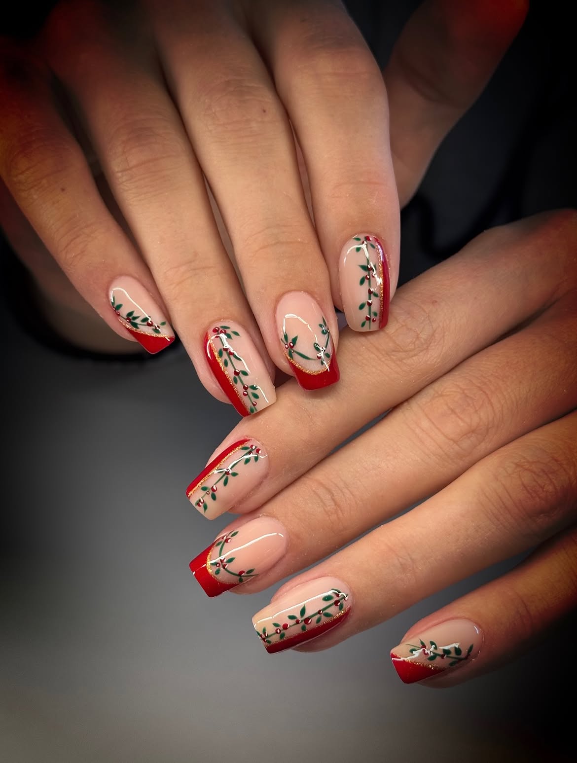 Christmas Holly Berry French Tip Nails