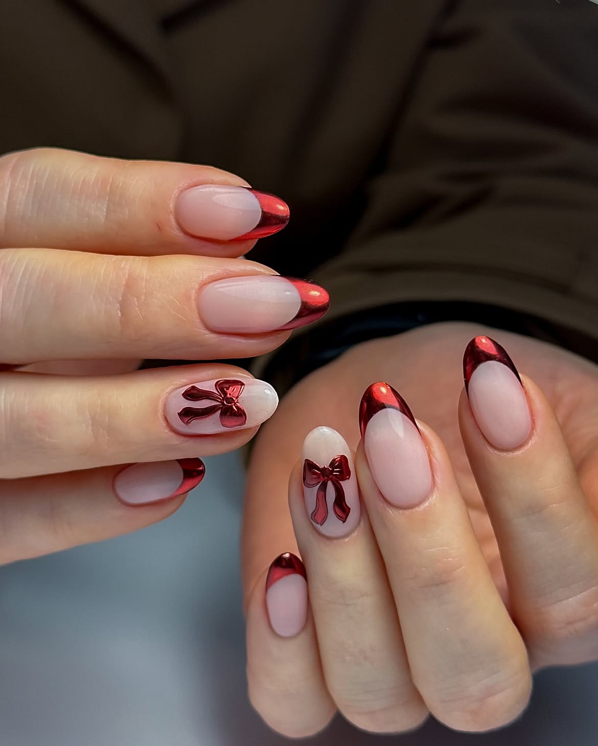 Christmas Red Chrome French Tip Nails with Bows