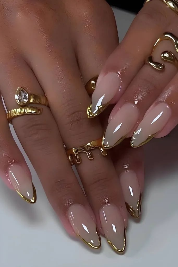 Long Almond Gold Chrome French Tips Long Almond Gold Chrome French Tips — Chrome French Tip Nails