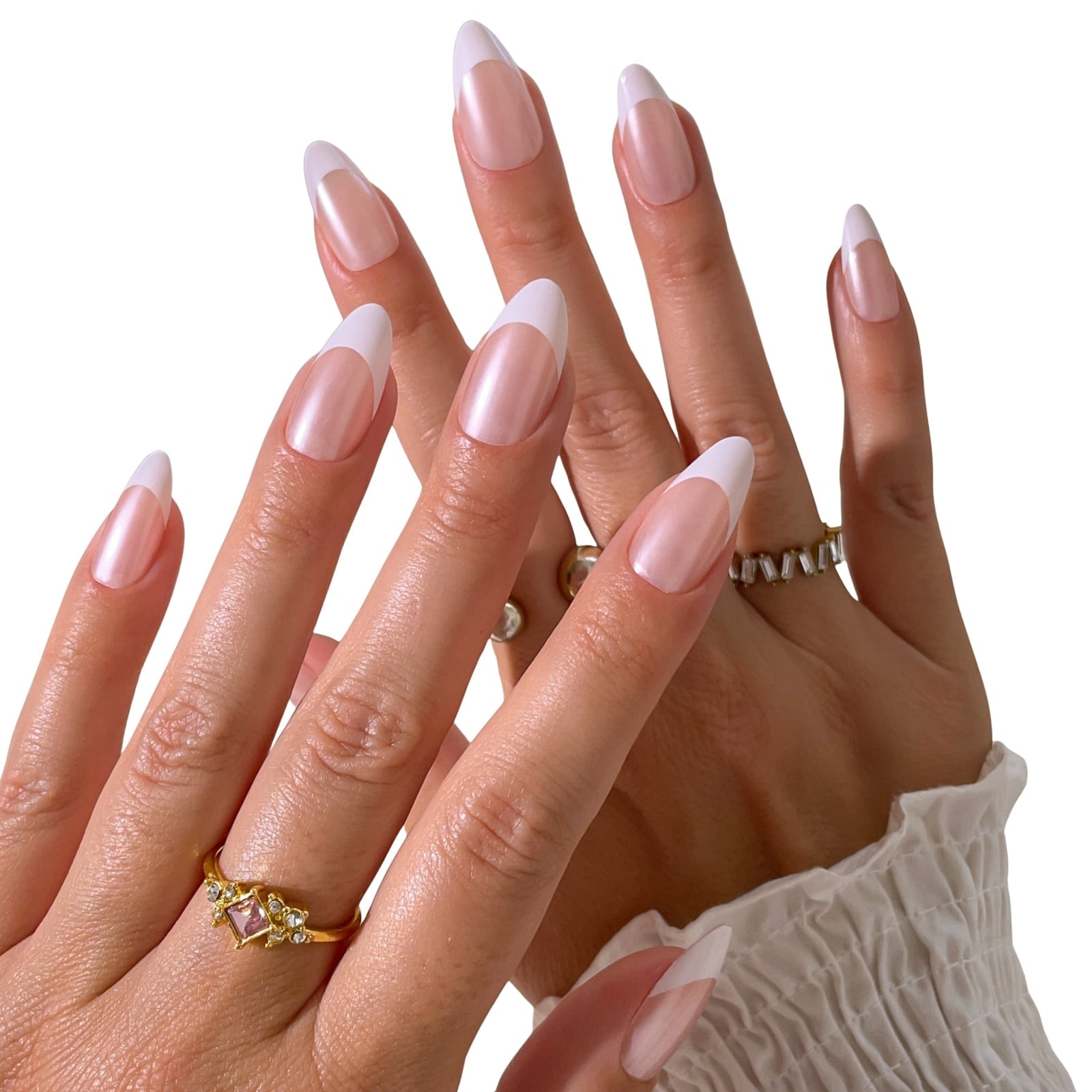 Medium Almond Pink With White Chrome French Medium Almond Pink With White Chrome French — Chrome French Tip Nails