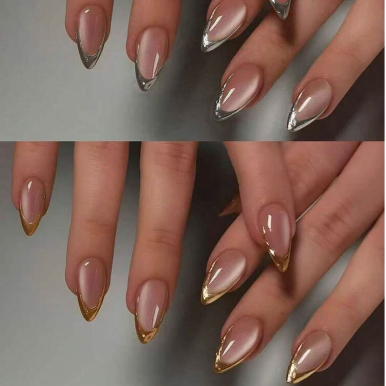 Medium Almond Dual-Tone Chrome French Tips Medium Almond Dual-Tone Chrome French Tips — Chrome French Tip Nails